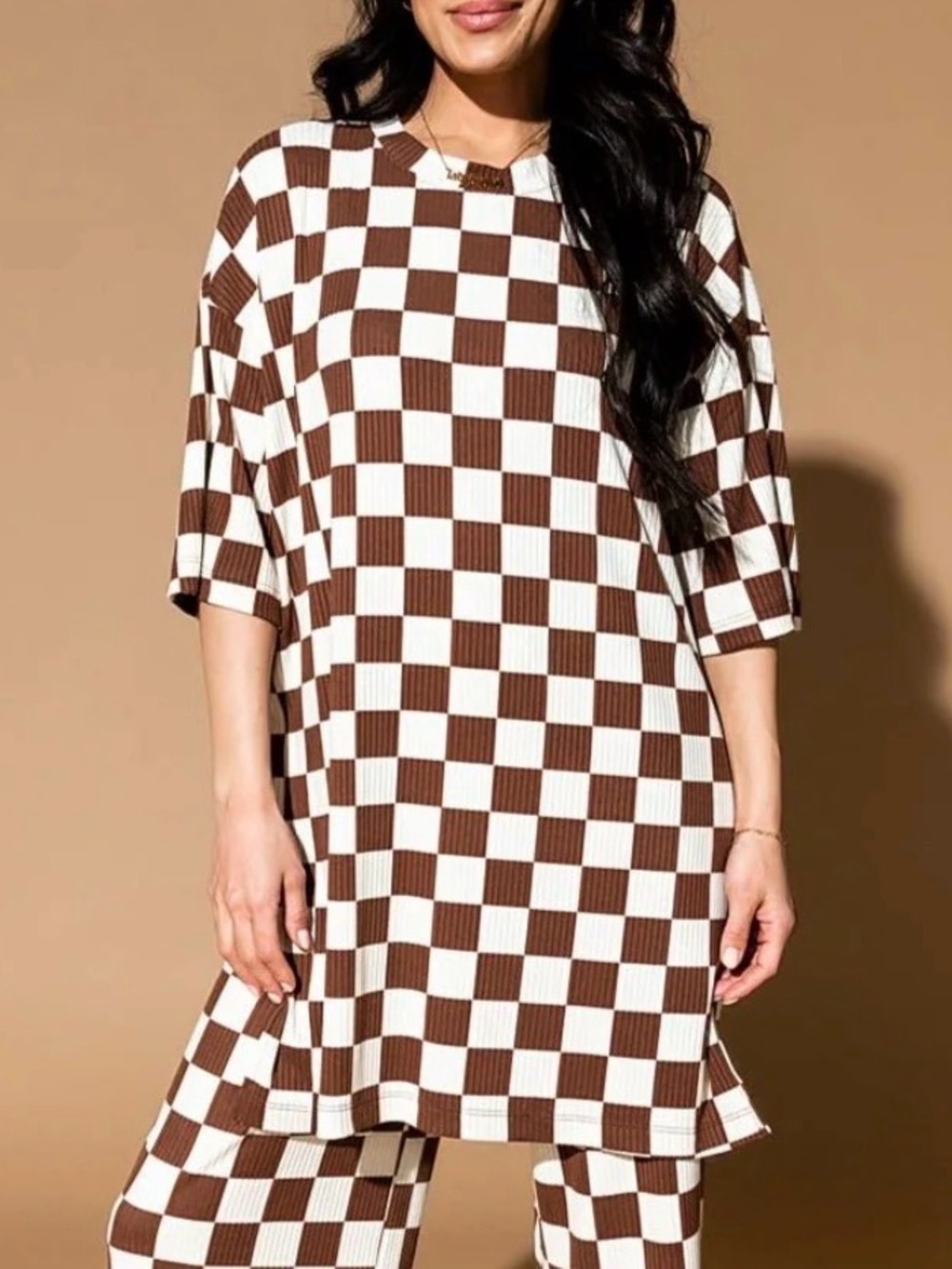 Dressed in LALA Lex Ribbed Checkerboard Shirt in Cookie Dough